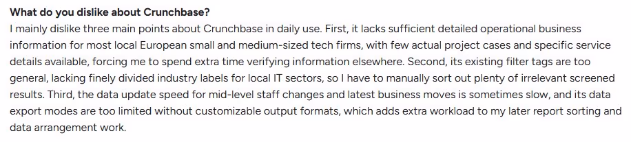 User feedback detailing issues with insufficient operational business information, general filter tags, and slow data updates