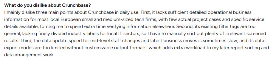 User feedback detailing issues with insufficient operational business information, general filter tags, and slow data updates