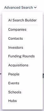 Dropdown menu with AI Search Builder, Companies, Contacts, Investors, Funding Rounds, Acquisitions, People, Events, Schools, and Hubs