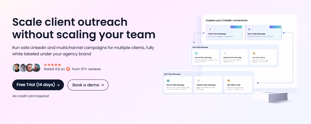 Image showcasing scaling client outreach with features for sending voice and video messages on LinkedIn.