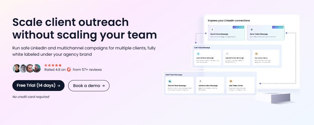 Image showcasing scaling client outreach with features for sending voice and video messages on LinkedIn.