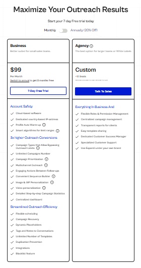 Two pricing plans for outreach software: Business and Agency.
