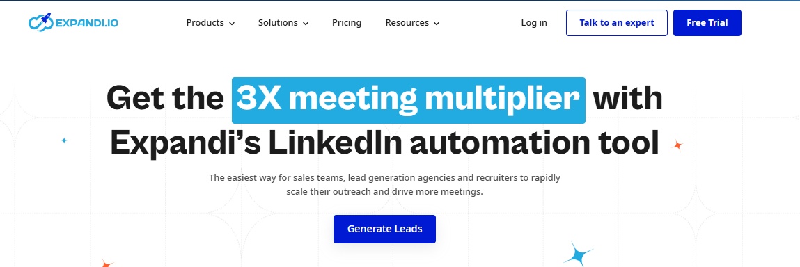 Expandi.io homepage with headline "Get the 3X meeting multiplier with Expandi's LinkedIn automation tool