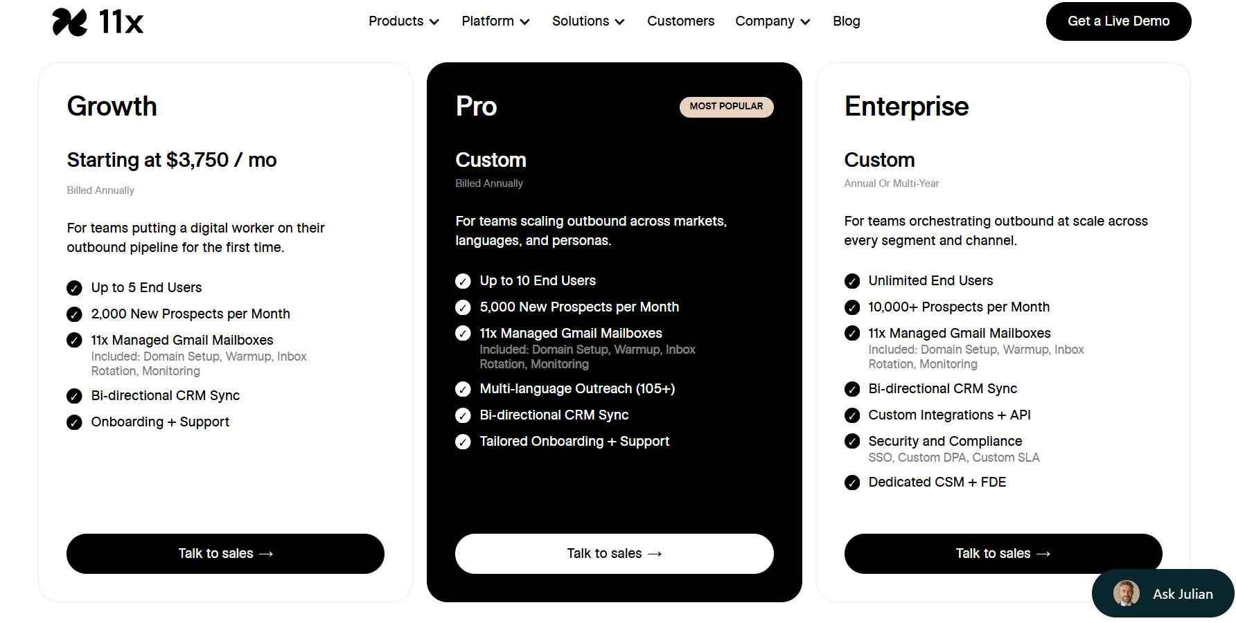 11x Pricing page