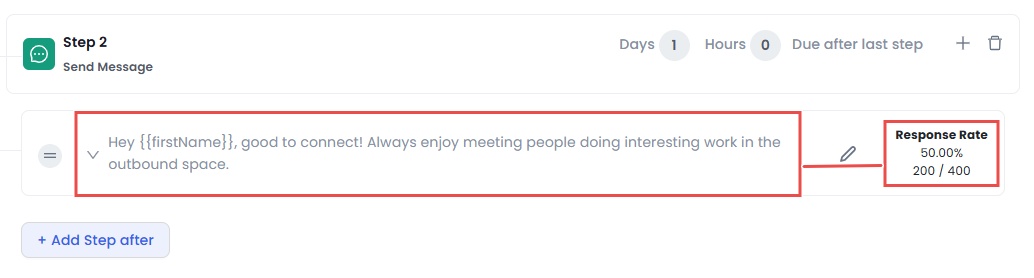 Screenshot of a message template with a response rate of 50.00%.
