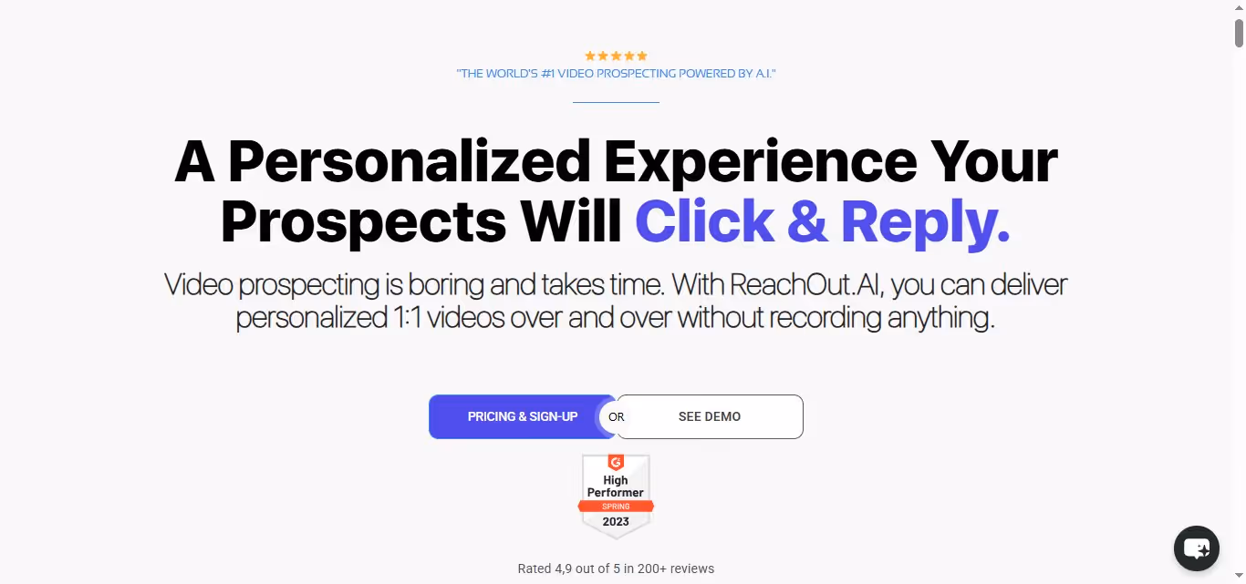 Screenshot of ReachOut.AI's website with the headline "A Personalized Experience Your Prospects Will Click & Reply.