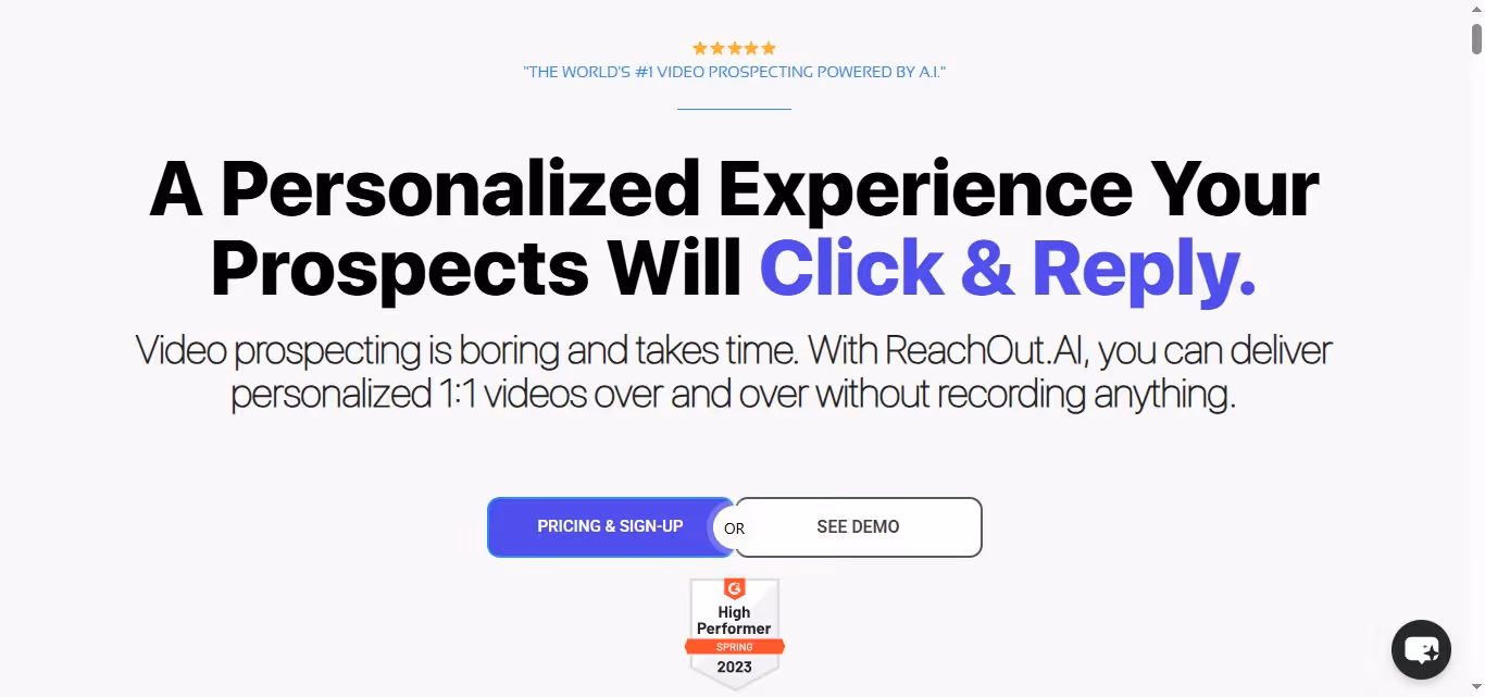 Screenshot of ReachOut.AI's website with the headline "A Personalized Experience Your Prospects Will Click & Reply."