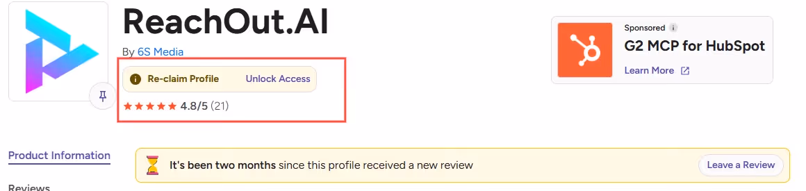Screenshot of the ReachOut.AI product page on a software review website, showing its rating and options to re-claim profile or unlock access