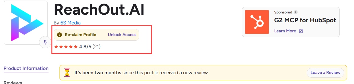 Screenshot of the ReachOut.AI product page on a software review website, showing its rating and options to re-claim profile or unlock access