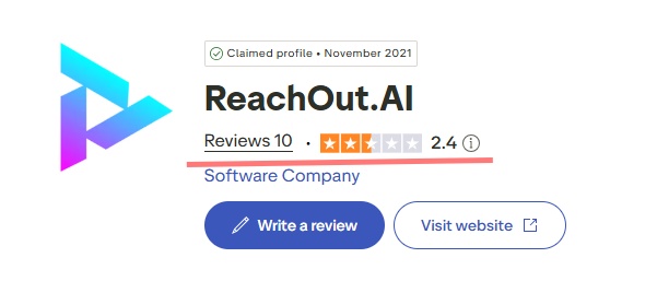 Screenshot of the ReachOut.AI company profile on a software review website, showing its rating and information about it being a software company