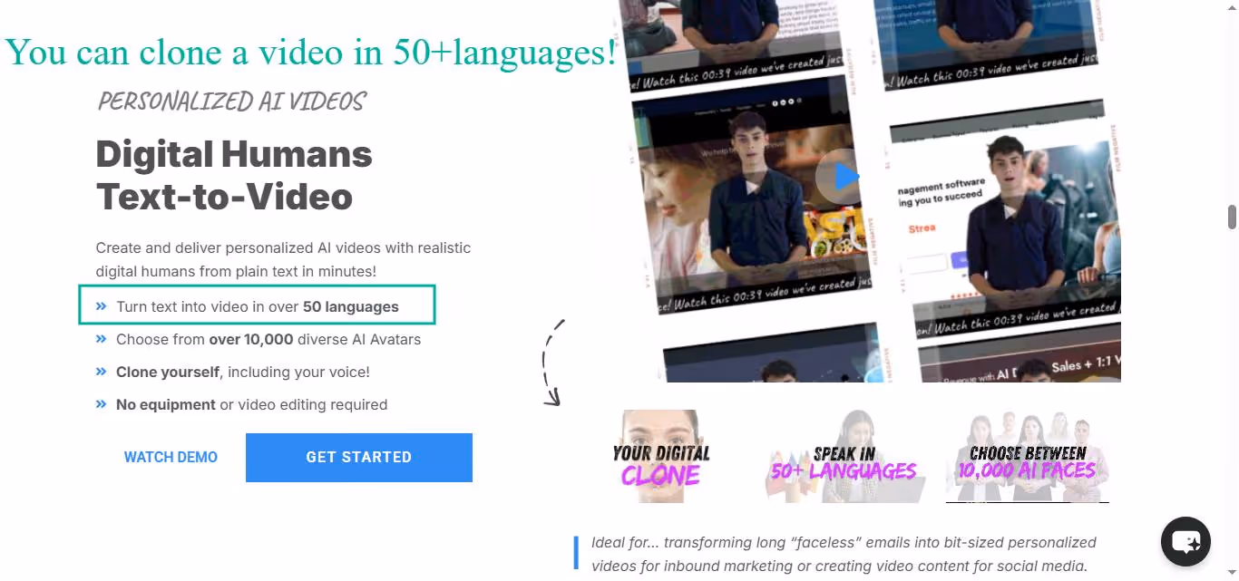 Screenshot of ReachOut.AI's website advertising its "Digital Humans Text-to-Video" feature and options to clone yourself, speak in 50+ languages, and choose from 10,000 AI faces.