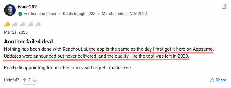 A review of ReachOut.AI titled "Another failed deal" with highlighted text about updates being announced but not delivered and the quality being poor.