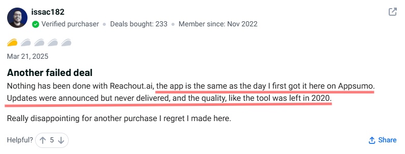 A review of ReachOut.AI titled "Another failed deal" with highlighted text about updates being announced but not delivered and the quality being poor. 