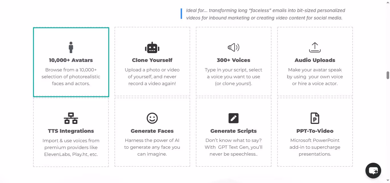Icons representing features: 10,000+ Avatars, Clone Yourself, 300+ Voices, Audio Uploads, TTS Integrations, Generate Faces, Generate Scripts, PPT-to-Video.