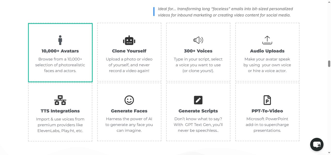  Icons representing features: 10,000+ Avatars, Clone Yourself, 300+ Voices, Audio Uploads, TTS Integrations, Generate Faces, Generate Scripts, PPT-to-Video. 