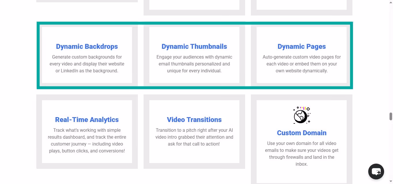 Icons representing features: Dynamic Backdrops, Dynamic Thumbnails, Dynamic Pages, Real-Time Analytics, Video Transitions, Custom Domain.