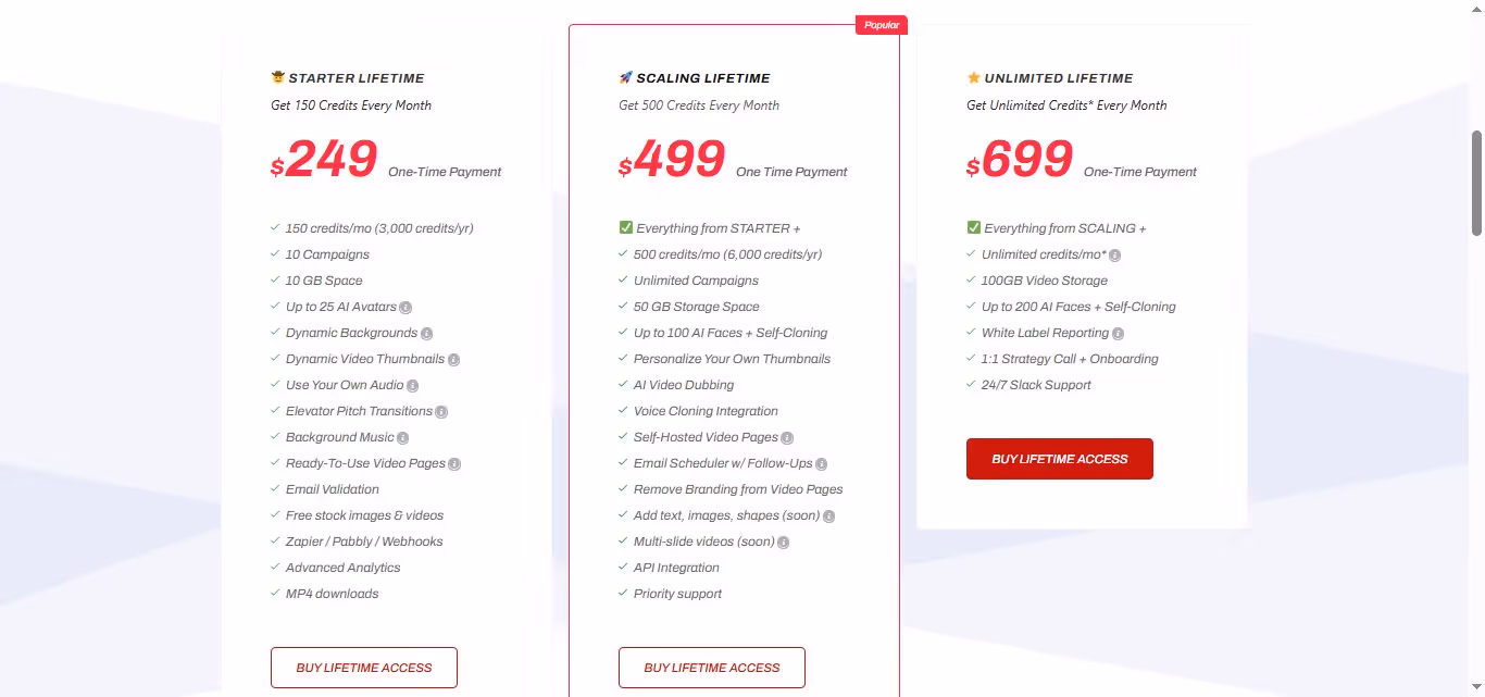 Pricing plans for a software service, with options for Starter, Scaling, and Unlimited lifetime access.