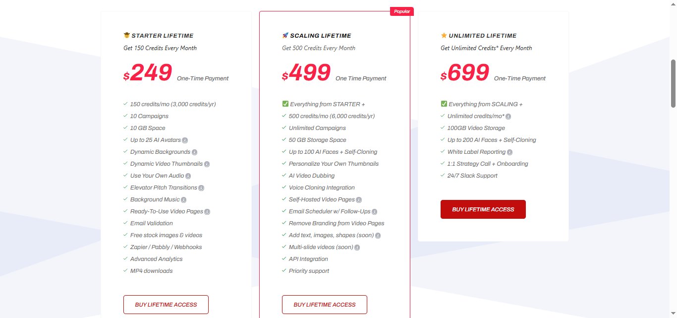 Pricing plans for a software service, with options for Starter, Scaling, and Unlimited lifetime access.