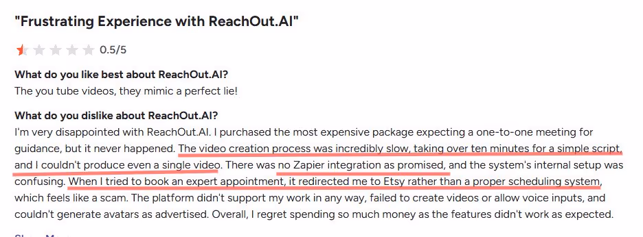 Customer review detailing a frustrating experience with a software service, citing slow processing, confusing setup, and being redirected to Etsy