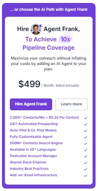 SalesForge pricing page showing Agent Frank plan details.