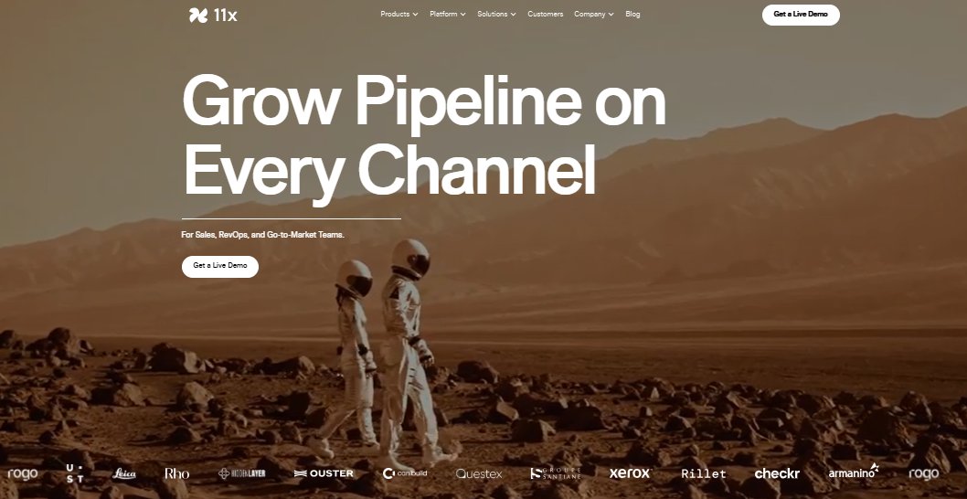 11x logo with navigation bar and headline 'Grow Pipeline on Every Channel'.