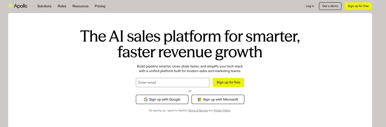 Apollo website homepage with headline The AI sales platform for smarter, faster revenue growth.