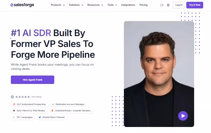 SalesForge website homepage with headline #1 AI SDR Built By Former VP Sales To Forge More Pipeline.