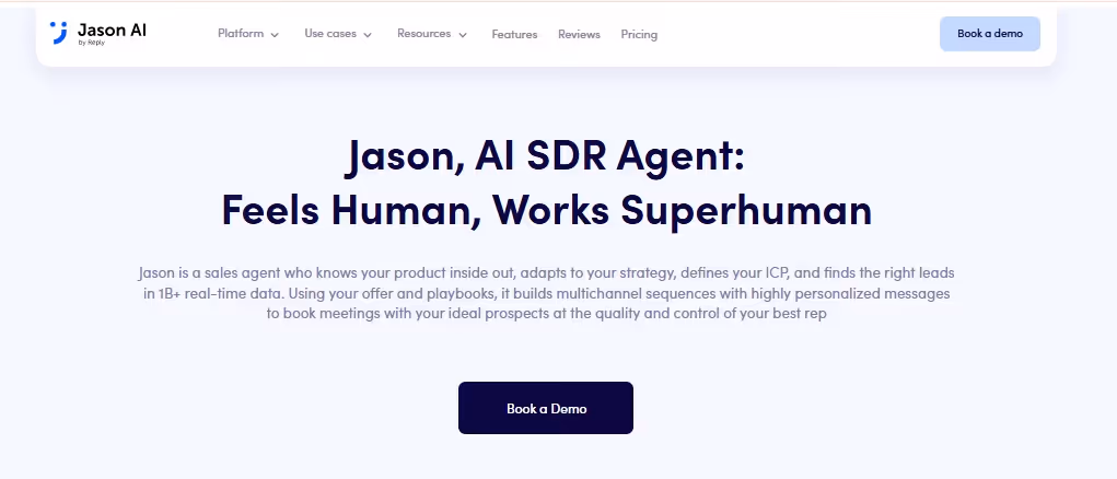 Jason AI by Hubly website homepage with headline Jason, AI SDR Agent: Feels Human, Works Superhuman