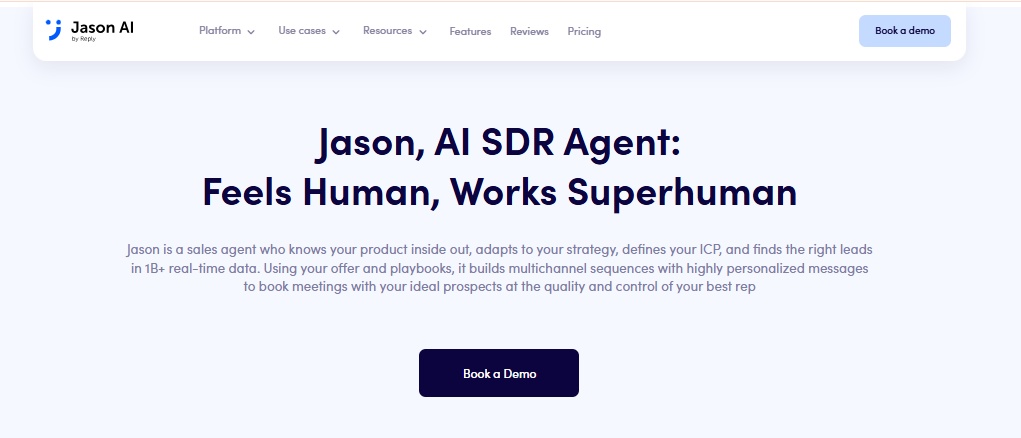 Jason AI by Hubly website homepage with headline Jason, AI SDR Agent: Feels Human, Works Superhuman