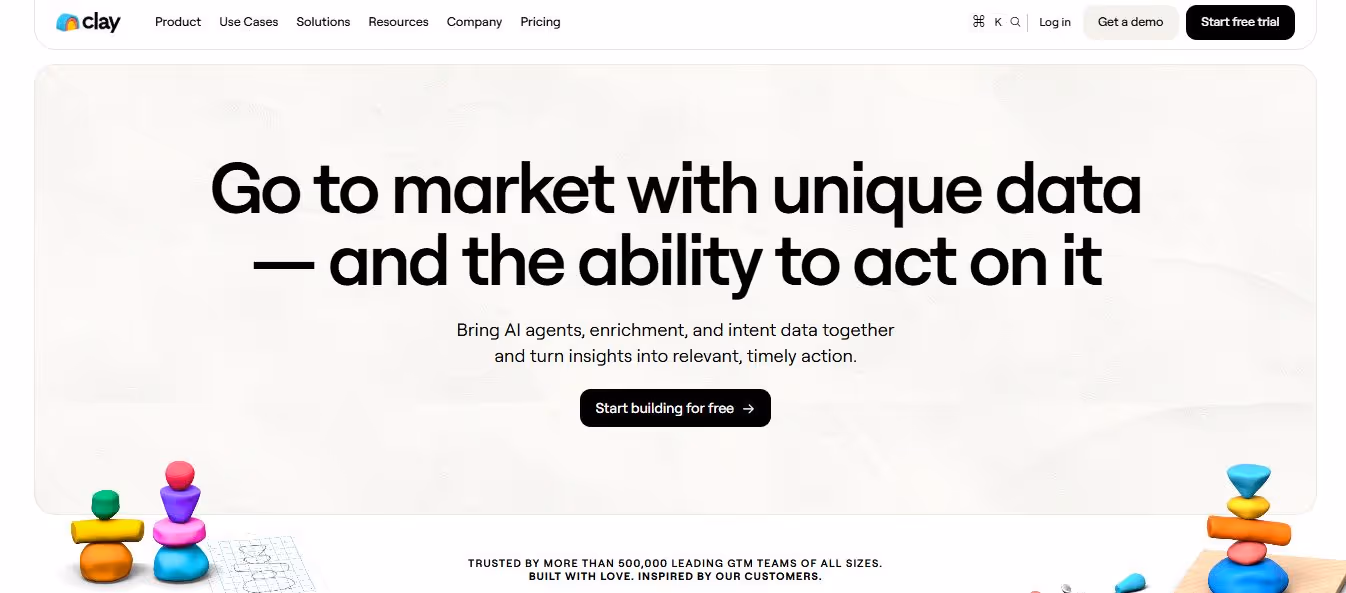 Clay logo with navigation bar and headline 'Go to market with unique data — and the ability to act on it'
