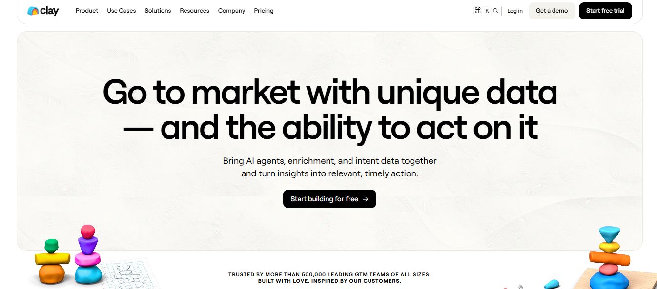 Clay logo with navigation bar and headline 'Go to market with unique data — and the ability to act on it'