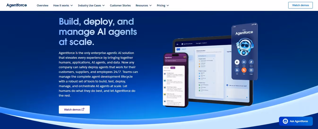 Agentforce logo with navigation bar and headline 'Build, deploy, and manage AI agents at scale