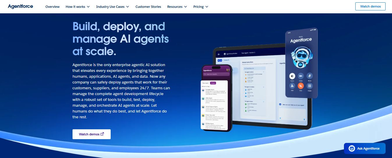 Agentforce logo with navigation bar and headline 'Build, deploy, and manage AI agents at scale