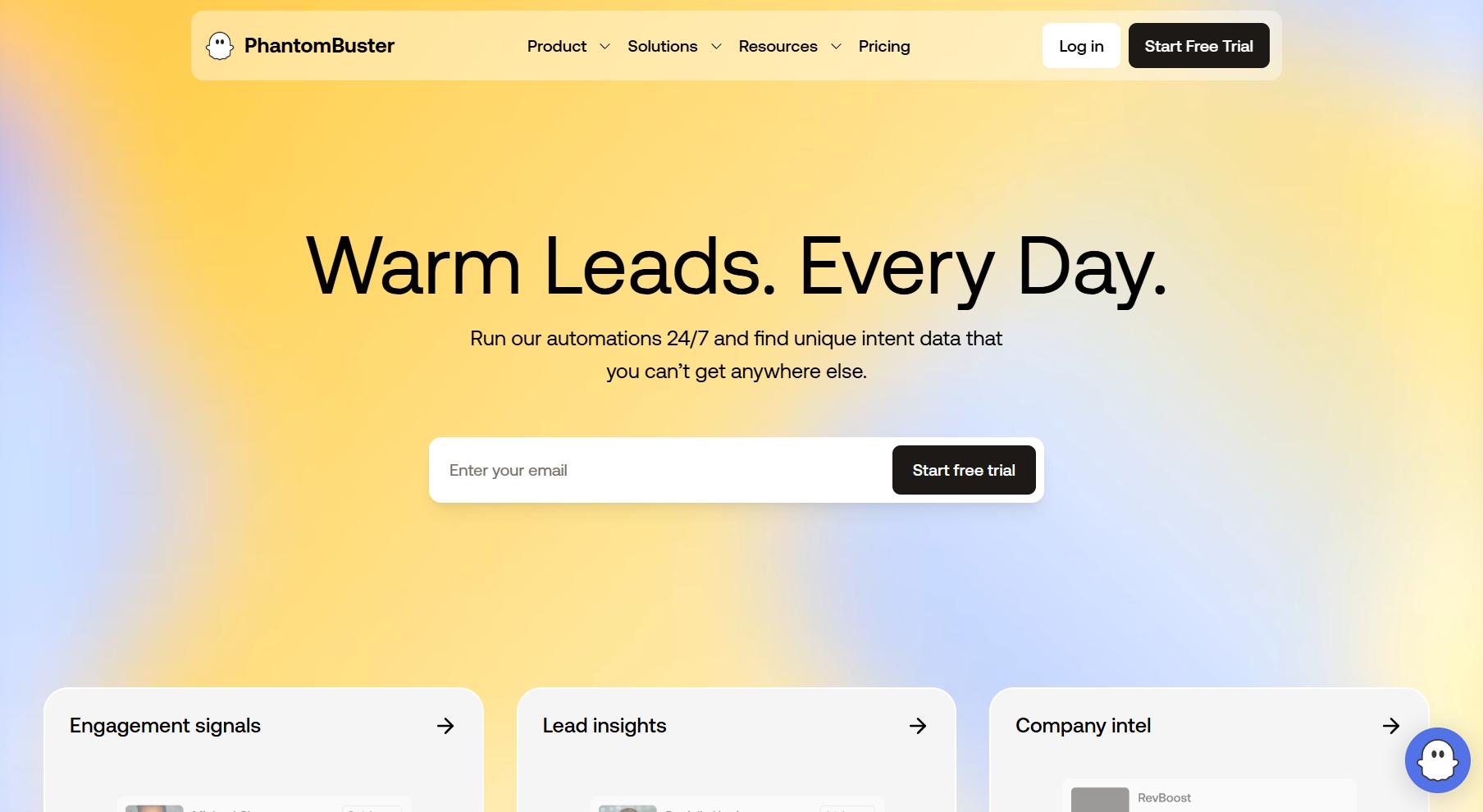 PhantomBuster homepage with headline Warm Leads. Every Day.