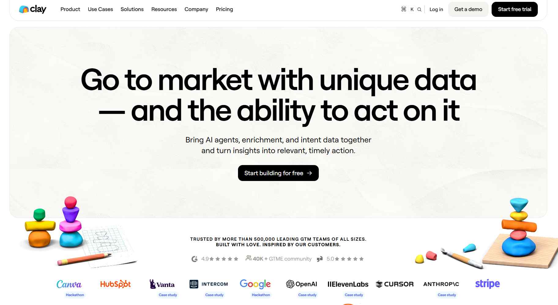 Clay "Go to market with unique data" homepage.