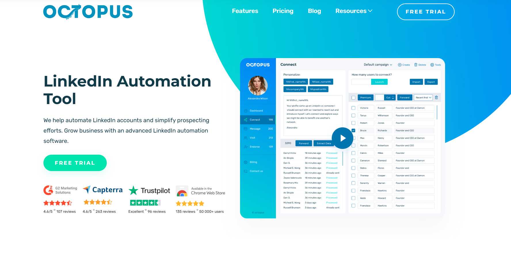 Octopus LinkedIn automation tool homepage with a free trial button.