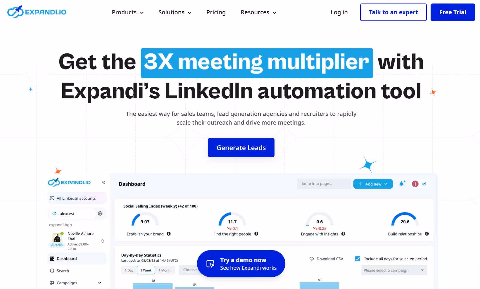 Expandi.io homepage with headline Get the 3X meeting multiplier with Expandi's LinkedIn automation tool.