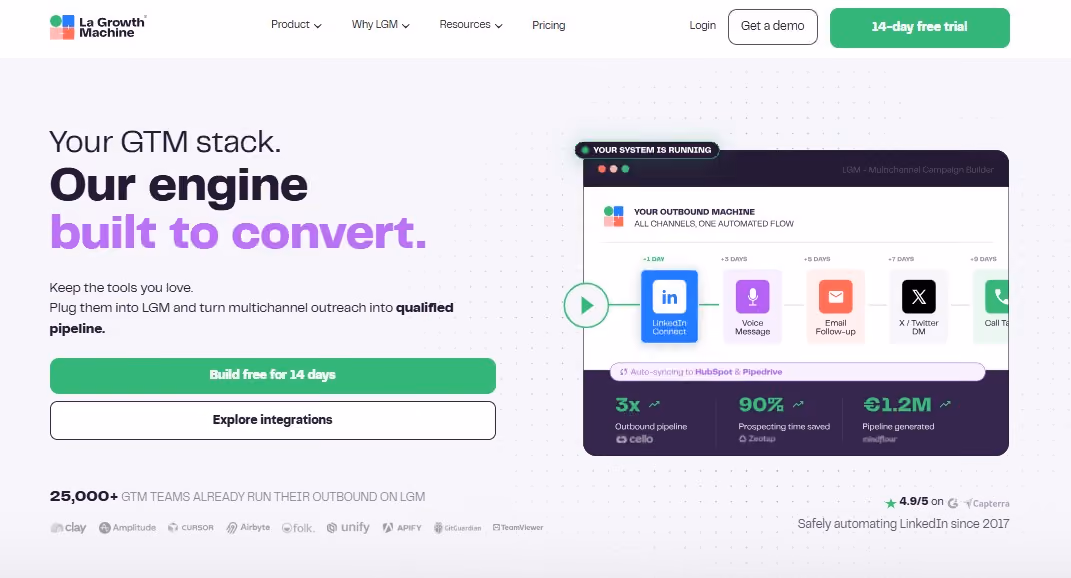Homepage with a hero section about "Your GTM stack. Our engine built to convert." and a call to action button