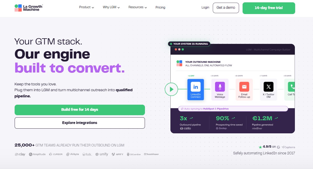 Homepage with a hero section about "Your GTM stack. Our engine built to convert." and a call to action button