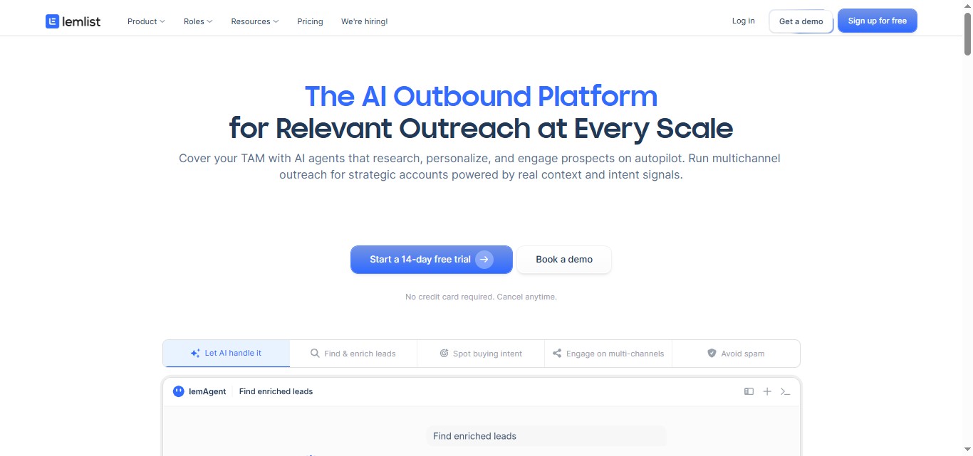 The lemlist website homepage with the title "The AI Outbound Platform for Relevant Outreach at Every Scale"