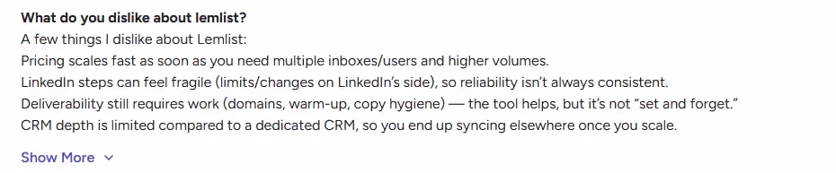 A list of dislikes about lemlist, including pricing, LinkedIn steps, deliverability, and CRM depth