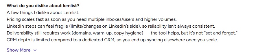 A list of dislikes about lemlist, including pricing, LinkedIn steps, deliverability, and CRM depth