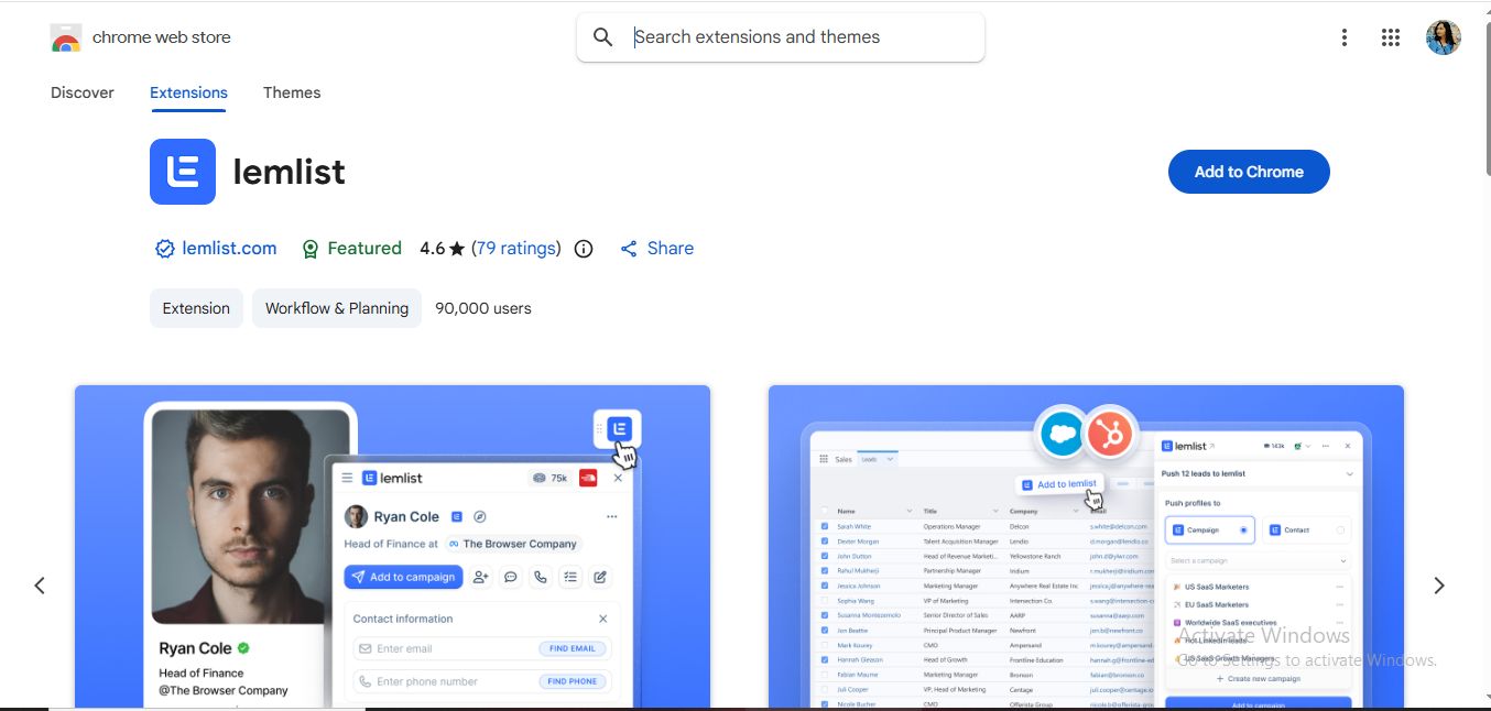 Screenshot of the Lemlist Chrome extension interface, showing a profile card and an option to add to Lemlist
