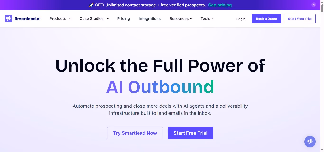 Screenshot of the Smartlead.ai website, with the headline "Unlock the Full Power of AI Outbound" and options to try Smartlead now or start a free trial. 