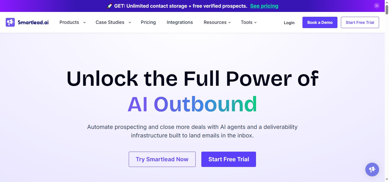 Screenshot of the Smartlead.ai website, with the headline "Unlock the Full Power of AI Outbound" and options to try Smartlead now or start a free trial.