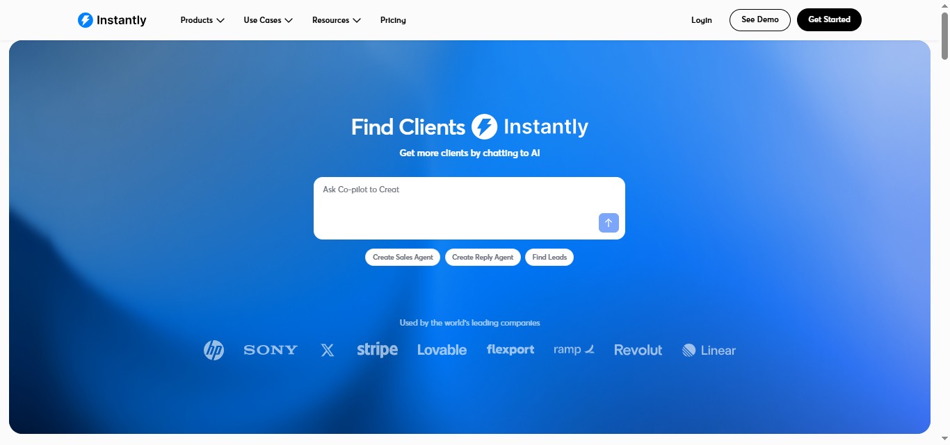 Screenshot of the Instantly website, showcasing a blue background with the headline "Find Clients Instantly" and logos of companies that use their service.