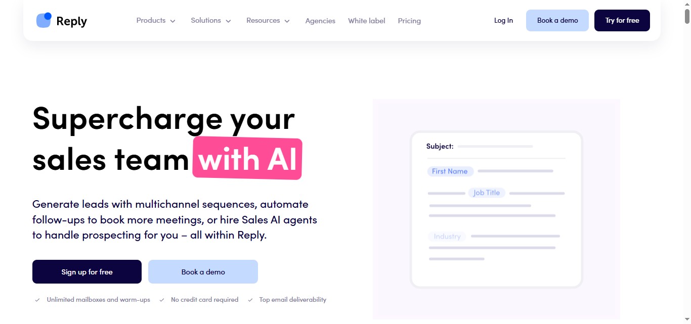 Screenshot of the Reply website, featuring the headline "Supercharge your sales team with AI" and a graphic of an email template.