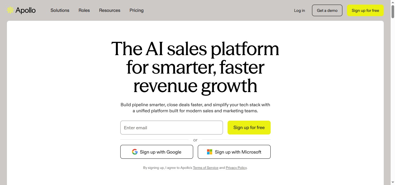Screenshot of the Apollo website, with the headline "The AI sales platform for smarter, faster revenue growth" and options to sign up for free or sign up with Google/Microsoft