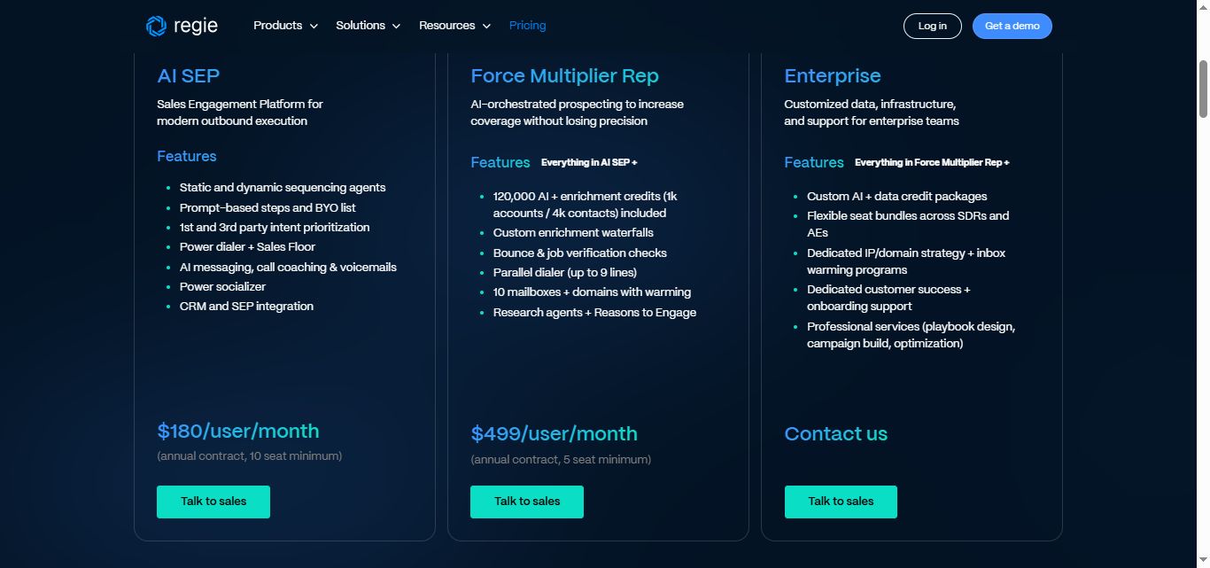 Regie.ai's pricing page detailing two options: AI SEP and Force Multiplier Rep.