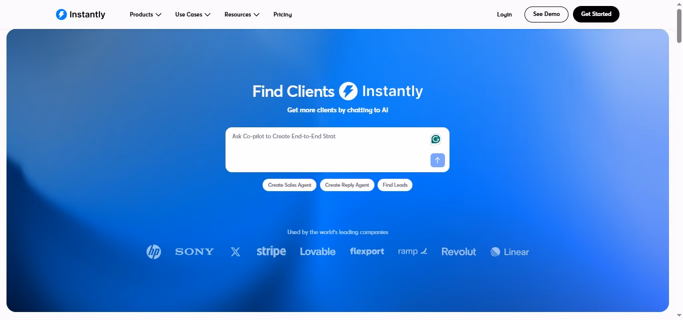 Instantly.ai homepage with the headline Find Clients Instantly. Get more clients by chatting to AI.